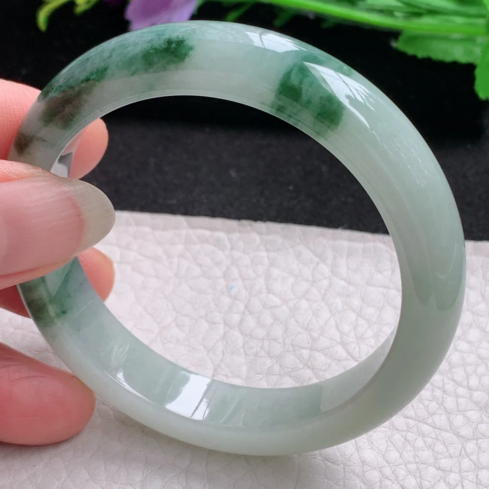 ll实拍53*11.6*7.8缅甸翡翠a货玉手镯冰飘花正圈平安镯宽版玉手环