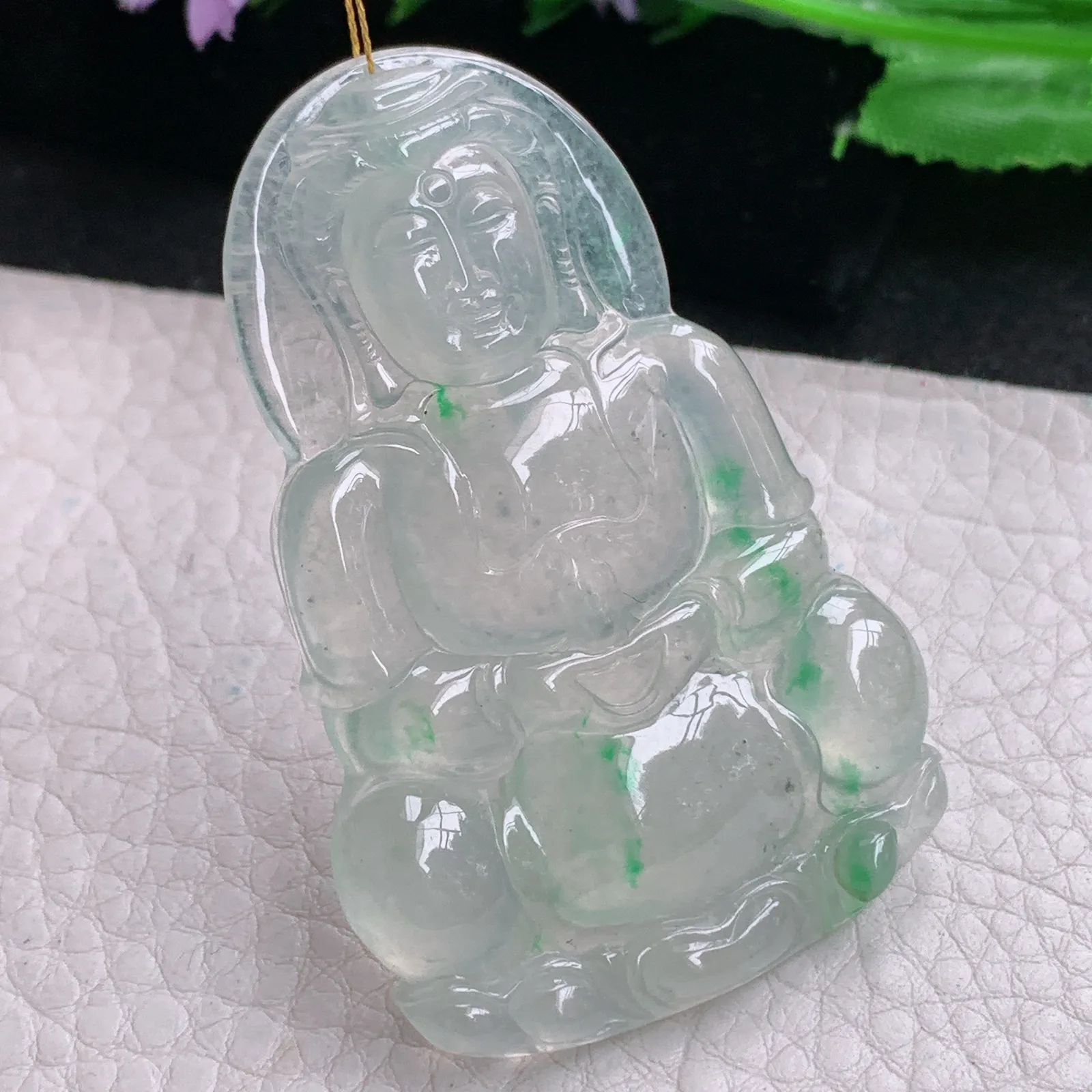 ws实拍58*37.8*5.5缅甸翡翠精雕冰飘绿花净瓶观音 玉观音玉吊坠 玉挂件