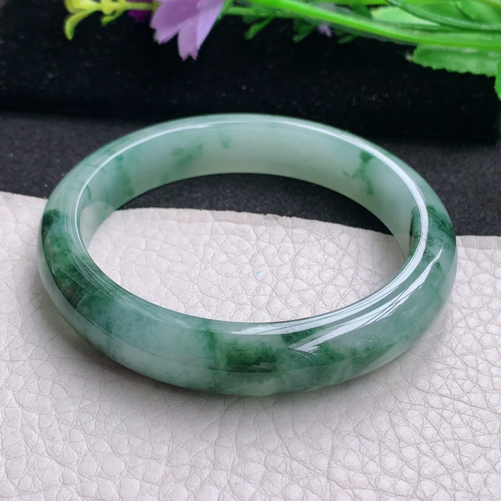 ll实拍56.5*11.4*8缅甸翡翠a货玉手镯冰飘花正圈平安镯宽版玉手环