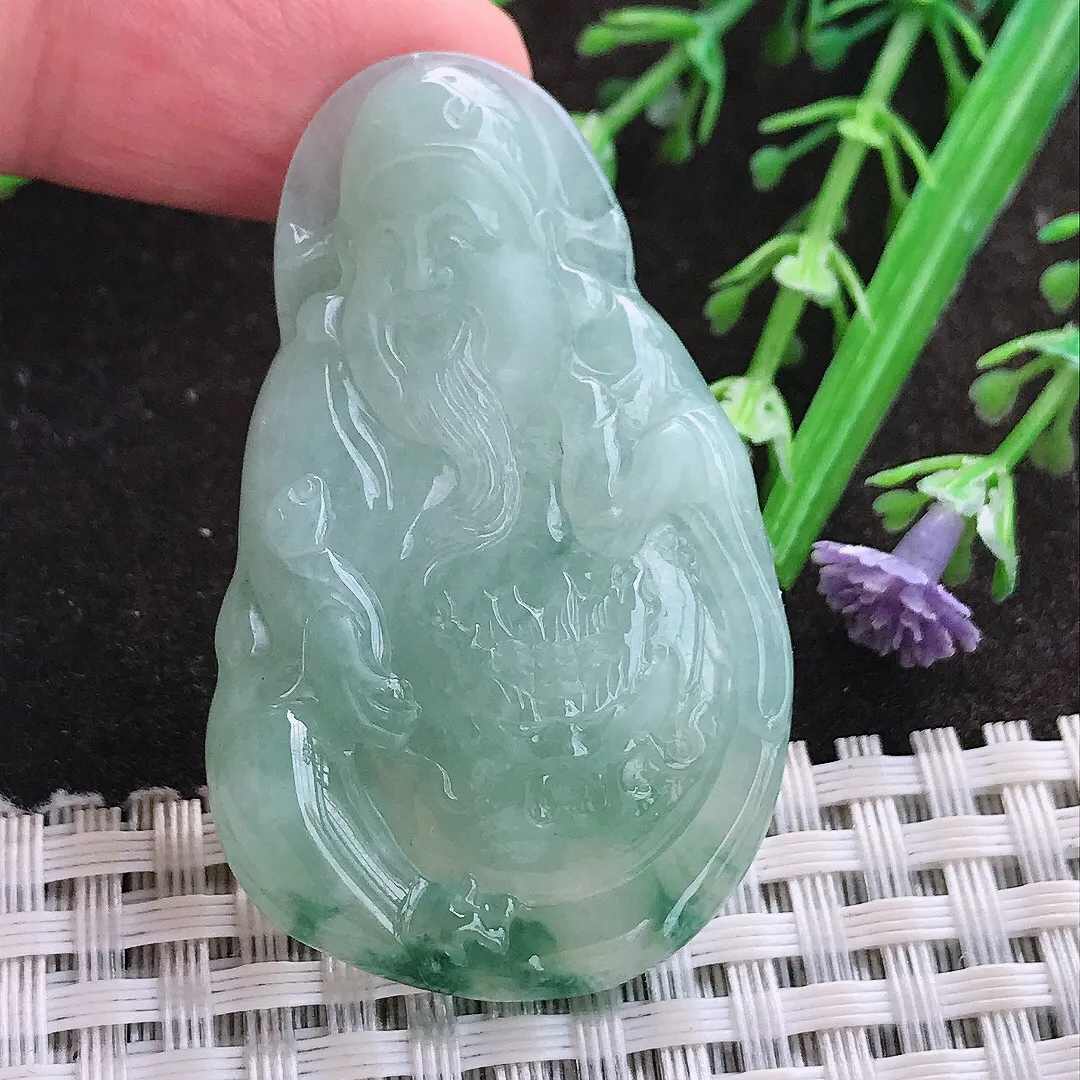 实拍A货翡翠48.7/30/6老坑冰润起胶飘花财神爷吊坠翡翠玉牌挂件