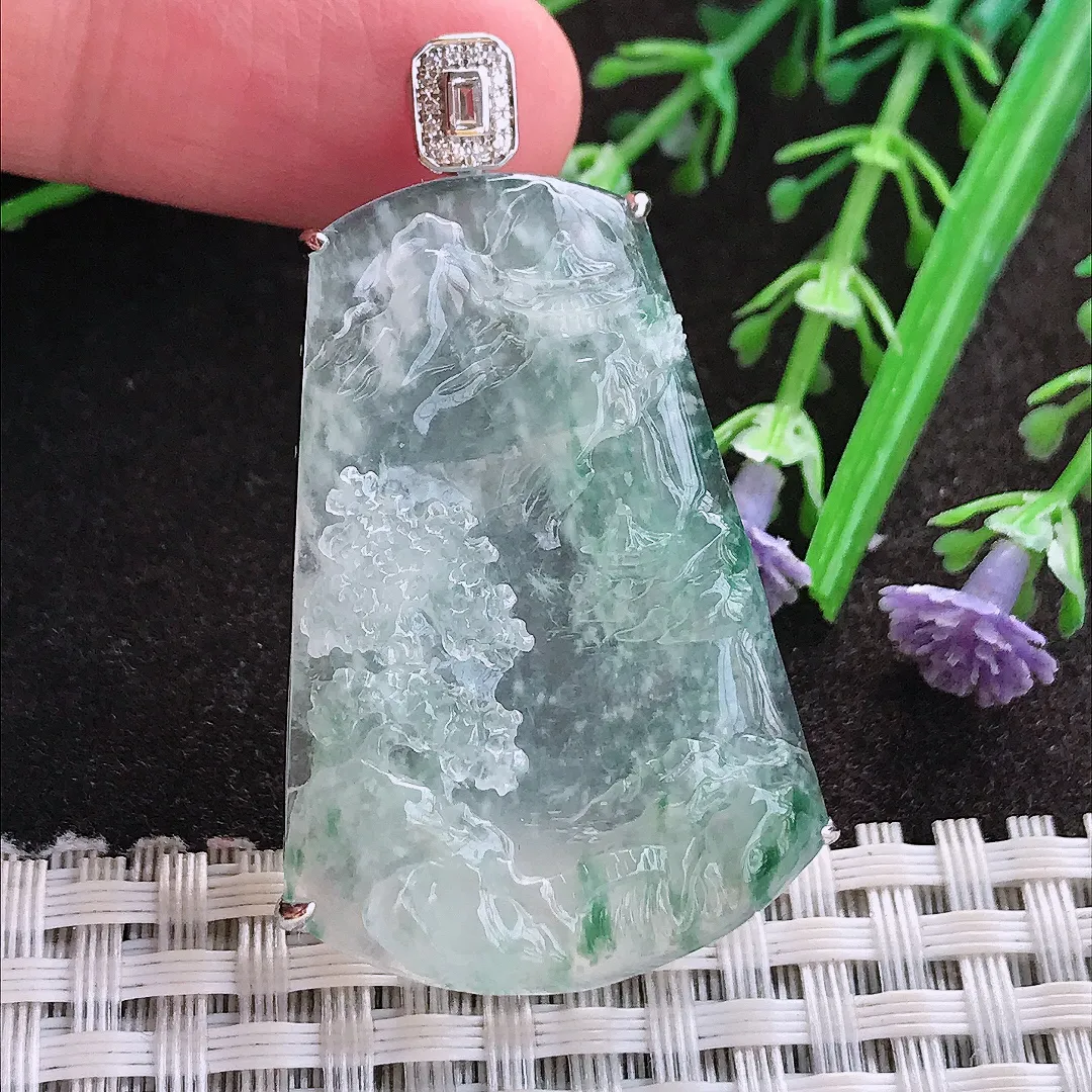 实拍A货翡翠47.8/28.8/7老坑18k金镶嵌冰种冰飘花山水牌吊坠翡翠玉牌挂件