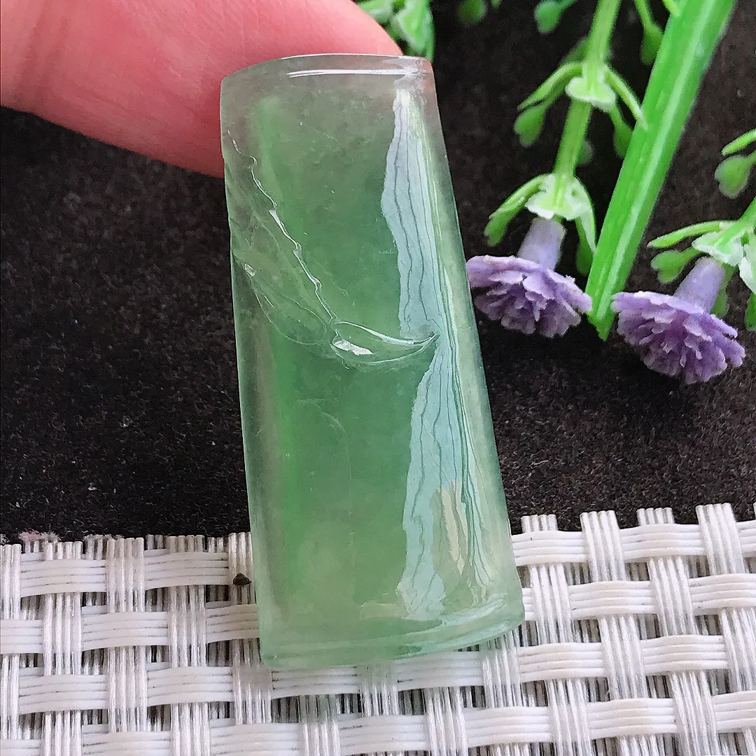 实拍A货翡翠40/17.8/5老坑冰种起胶冰晴满甜绿竹节吊坠翡翠玉牌挂件