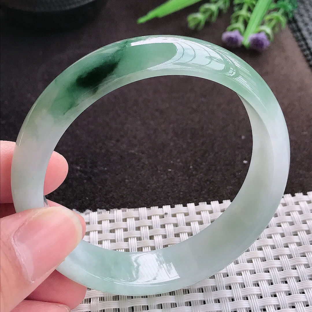 实拍A货翡翠60/16.3/7.6老坑冰胶水灵飘花轮胎手镯翡翠玉镯子平安镯