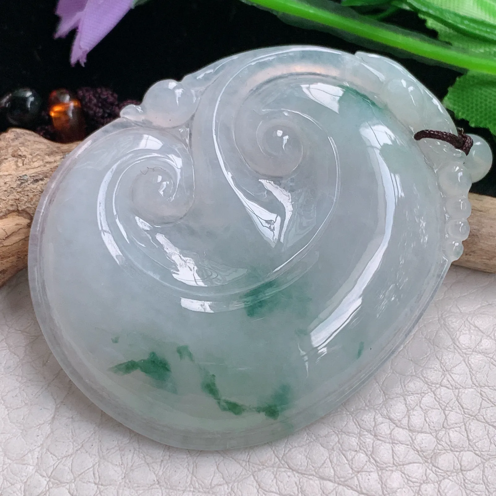 zen自然光56.3*45*6.2天然缅甸翡翠冰飘花大如意 玉如意玉吊坠 毛衣坠