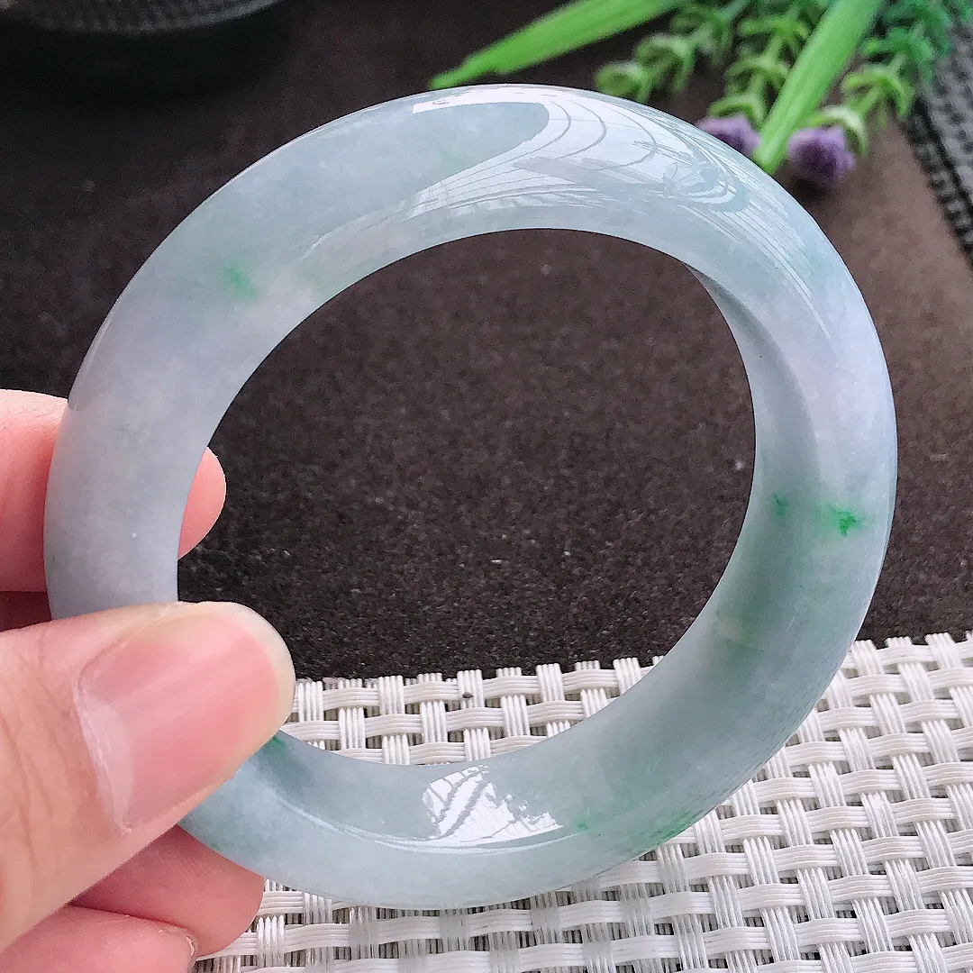 实拍A货翡翠54.5/14.8/9.6老坑冰润水灵春带彩手镯翡翠玉镯子平安镯
