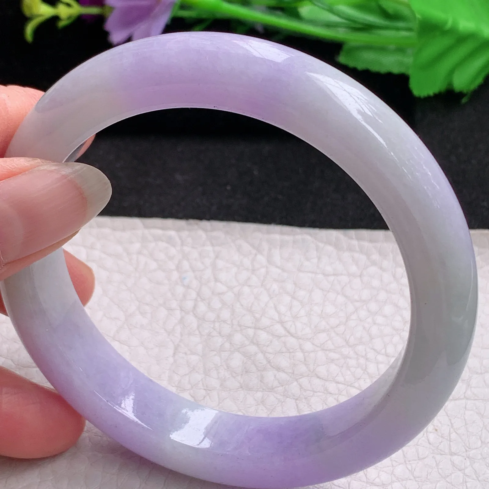 Hf实拍61.5*12.6*9.5缅甸翡翠手镯双彩紫罗兰手镯正圈平安镯宽版镯子