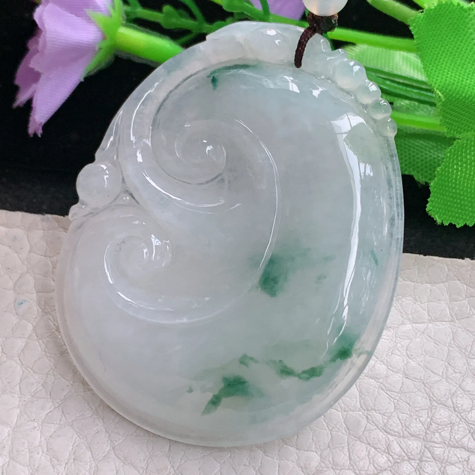 zen自然光56.3*45*6.2天然缅甸翡翠冰飘花大如意 玉如意玉吊坠 毛衣坠