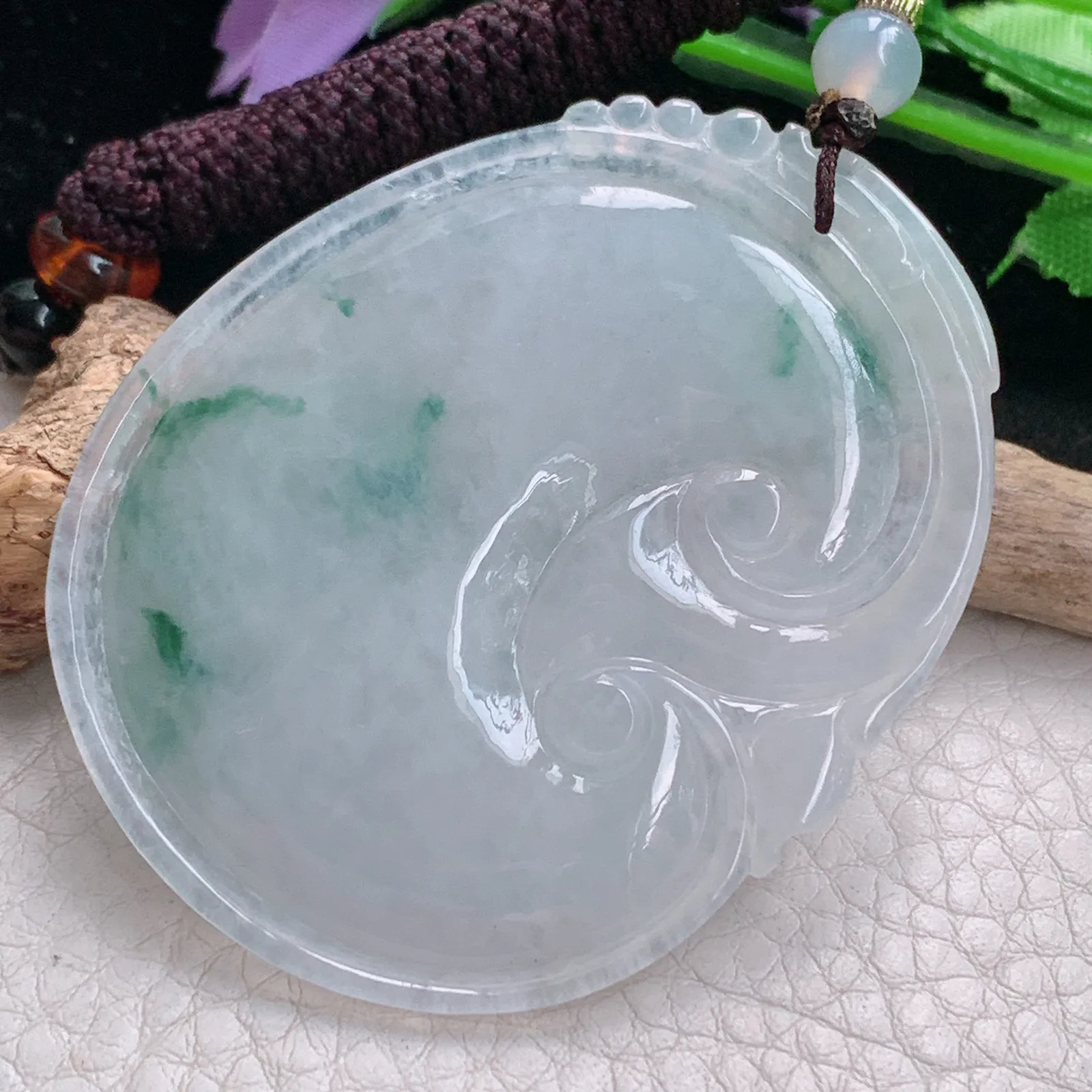 zen自然光56.3*45*6.2天然缅甸翡翠冰飘花大如意 玉如意玉吊坠 毛衣坠