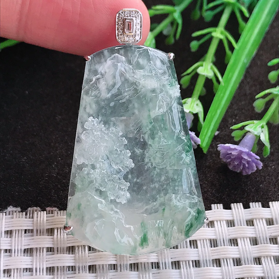 实拍A货翡翠47.8/28.8/7老坑18k金镶嵌冰种冰飘花山水牌吊坠翡翠玉牌挂件