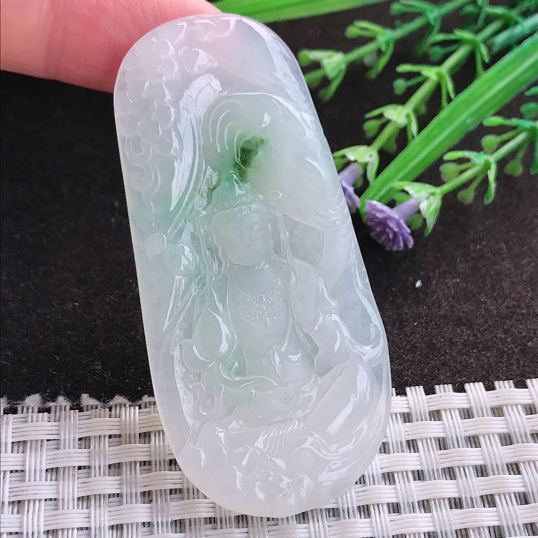 实拍A货翡翠66.6/32.3/5老坑冰胶果冻飘绿普贤菩萨吊坠翡翠玉牌挂件