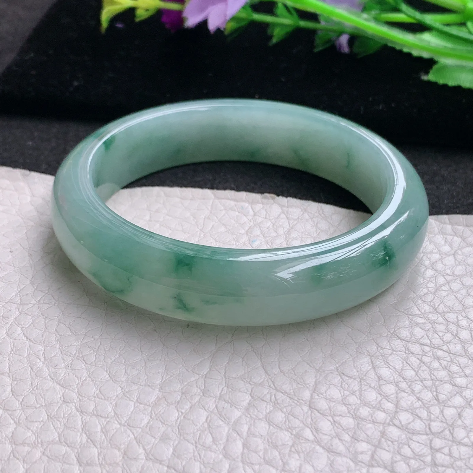 Hf实拍53*13.2*8.3缅甸翡翠手镯冰飘花手镯正圈平安镯宽版镯子