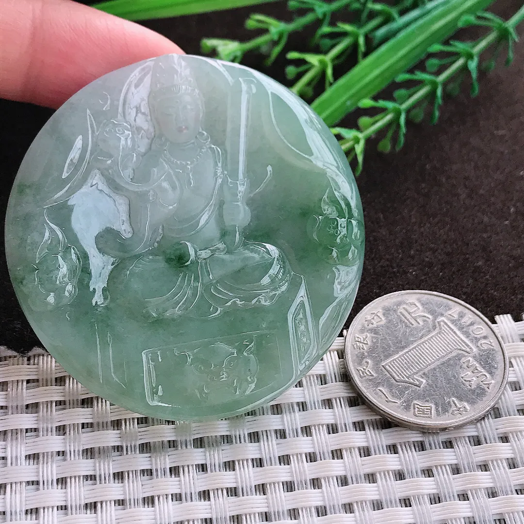 实拍A货翡翠55/5.7老坑冰胶水灵飘花虚空藏菩萨吊坠翡翠玉牌挂件