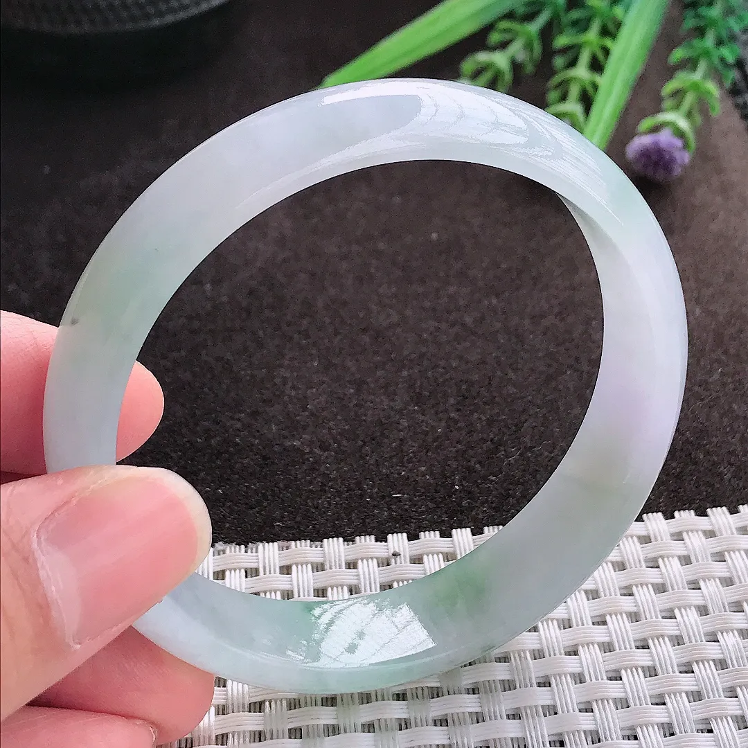 实拍A货翡翠58/14/6.6老坑冰润起胶飘花手镯翡翠玉镯子平安镯