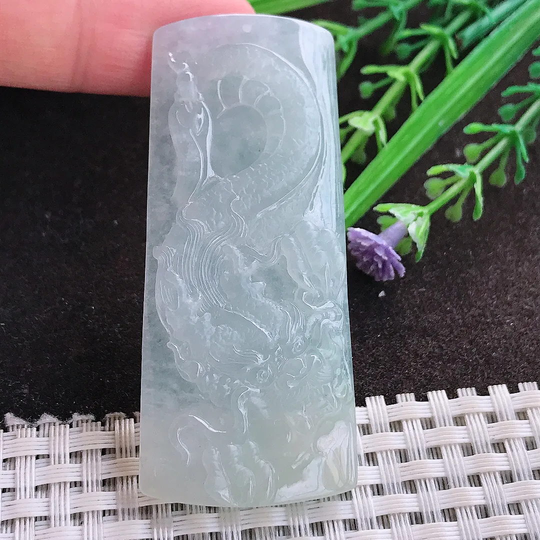 实拍A货翡翠61.7/26.9/5.7老坑冰纯起胶龙牌吊坠翡翠玉牌挂件