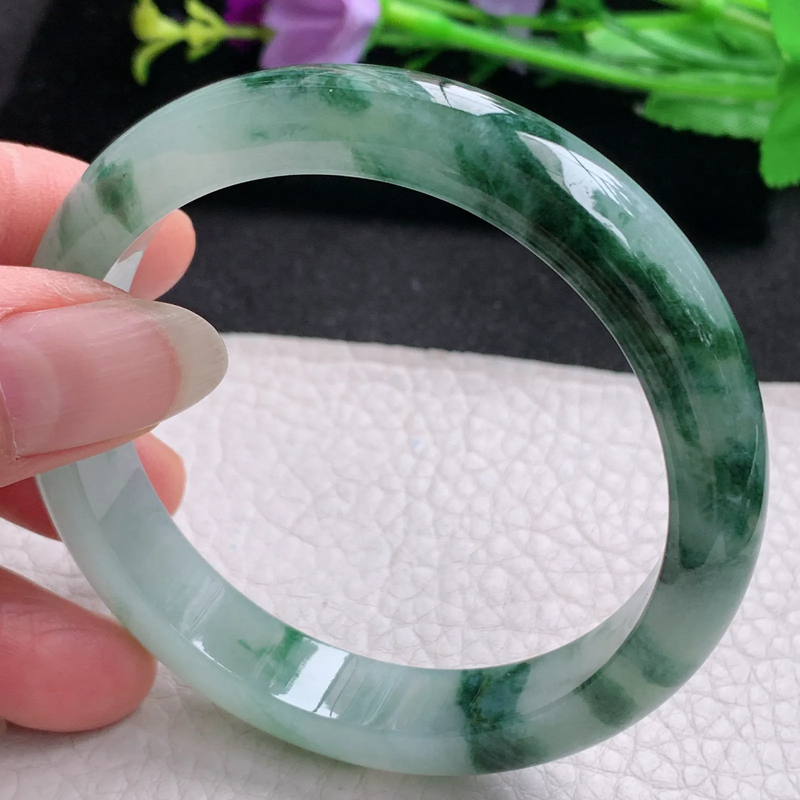 ll实拍56.5*11.4*8缅甸翡翠a货玉手镯冰飘花正圈平安镯宽版玉手环