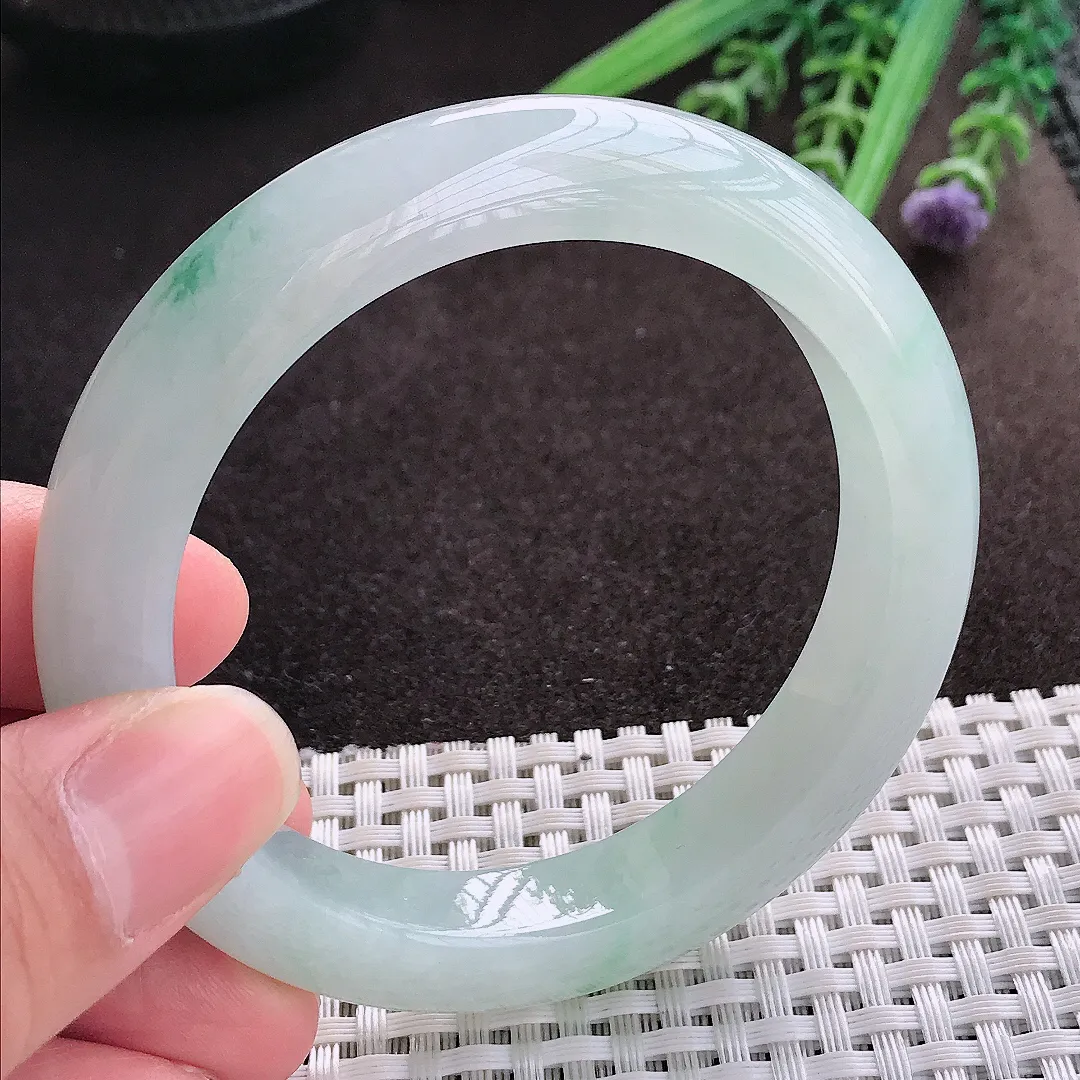 实拍A货翡翠56/11.4/9.3老坑冰胶果冻飘花手镯翡翠玉镯子平安镯