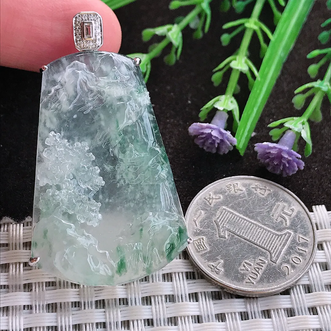 实拍A货翡翠47.8/28.8/7老坑18k金镶嵌冰种冰飘花山水牌吊坠翡翠玉牌挂件