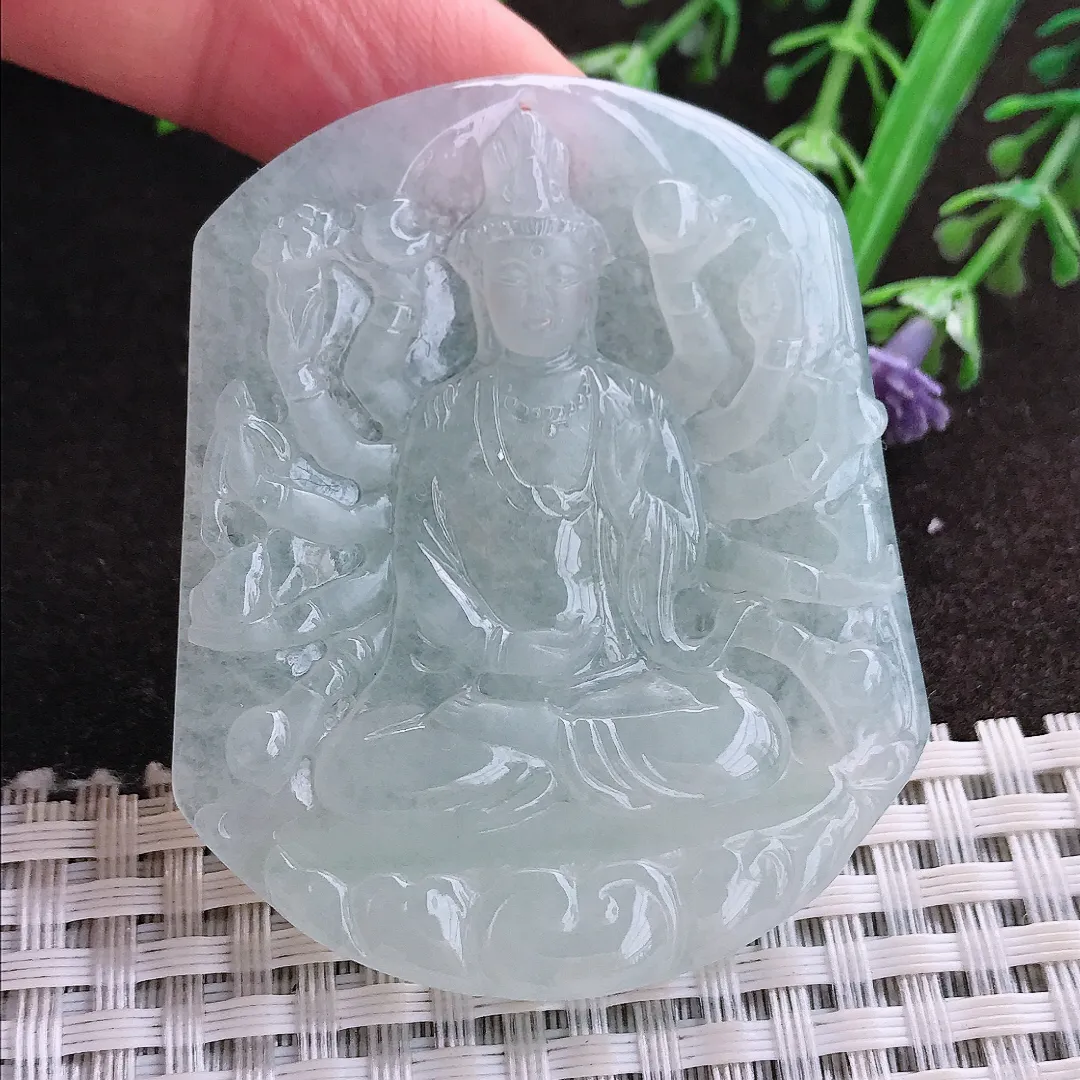 实拍A货翡翠54.7/47/5.6老坑冰胶果冻冰晴千手观音吊坠翡翠玉牌挂件