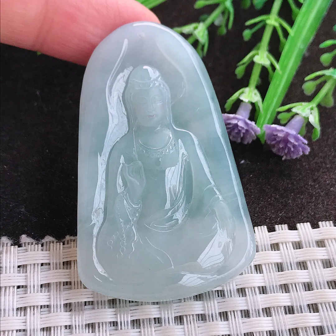 实拍A货翡翠53.3/34/6.3老坑冰胶水灵天空蓝素衣观音吊坠翡翠玉观音挂件