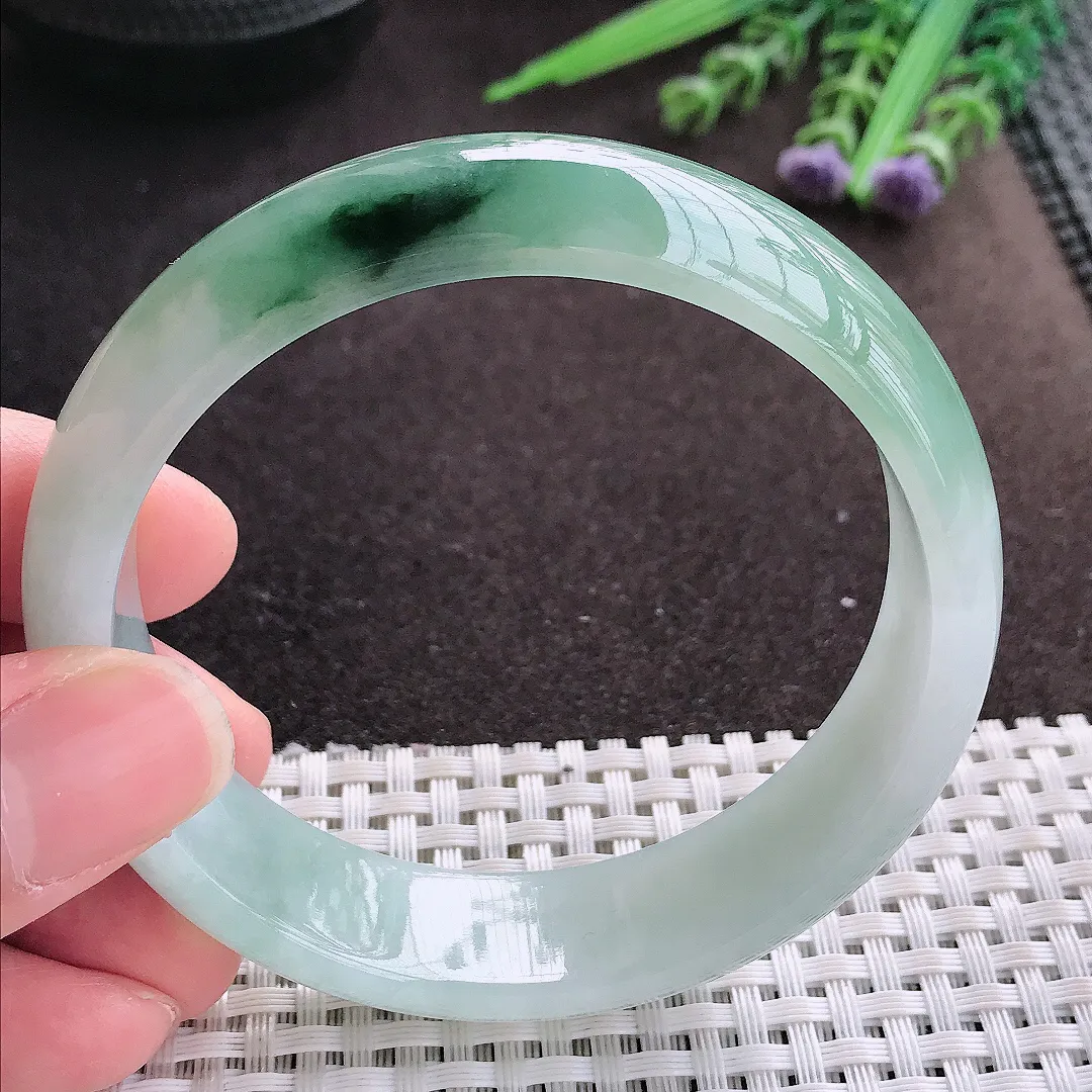 实拍A货翡翠60/16.3/7.6老坑冰胶水灵飘花轮胎手镯翡翠玉镯子平安镯