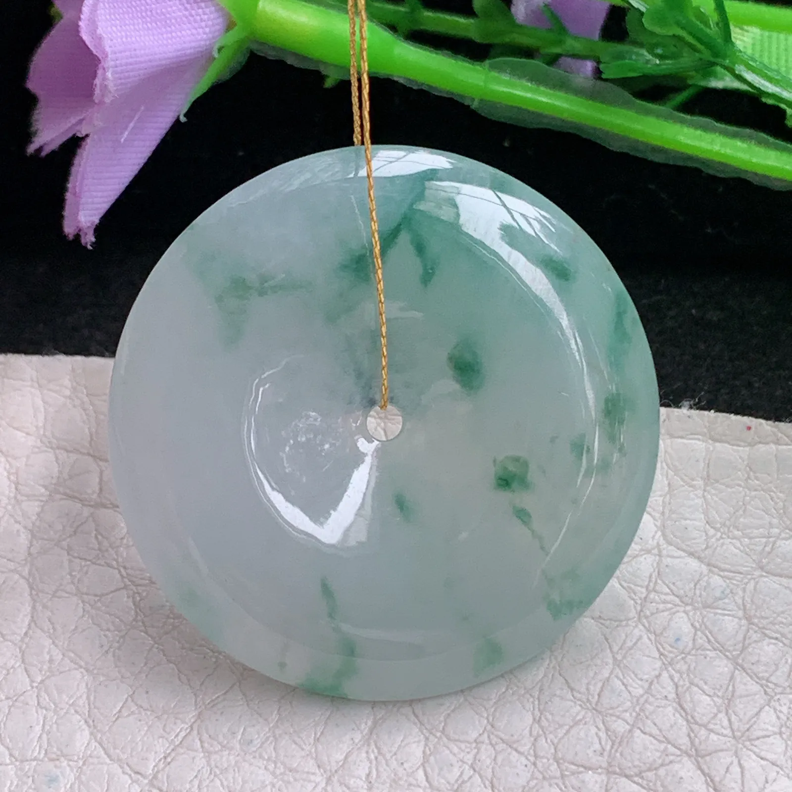 ws实拍35*5.8缅甸翡翠精雕冰飘花大平安扣 玉扣玉吊坠 玉挂件