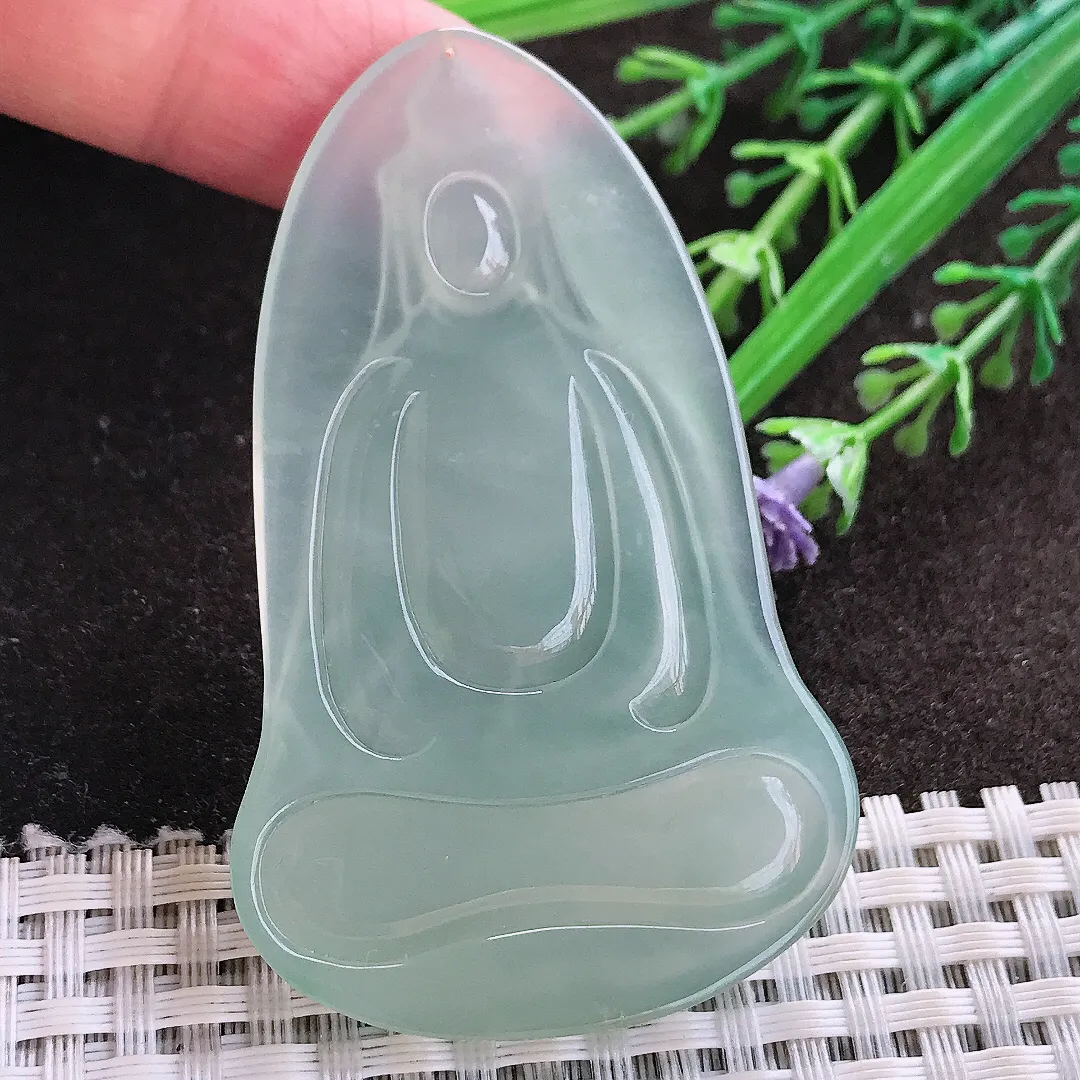 实拍A货翡翠63.4/39/5.8老坑冰种果冻胶冰晴绿素衣观音吊坠翡翠玉牌挂件