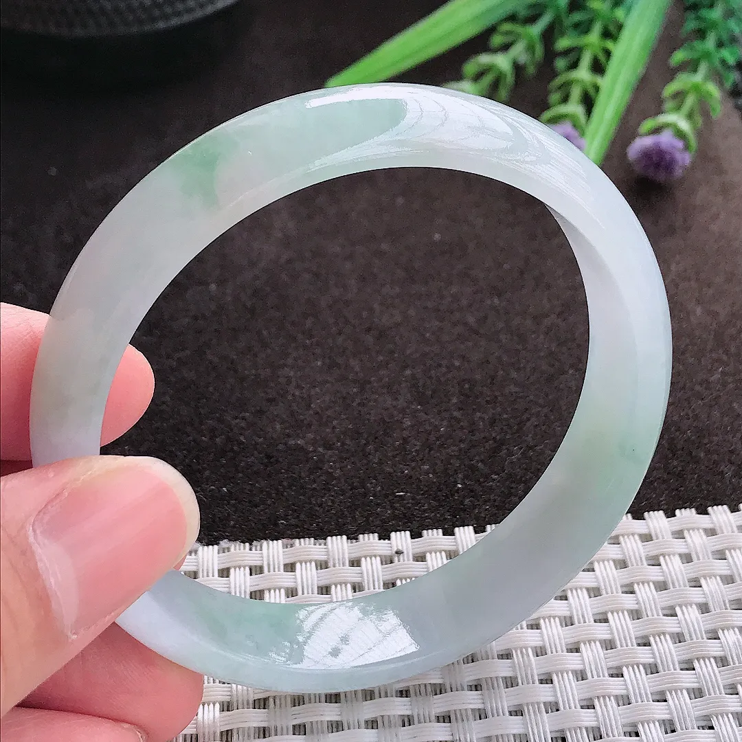 实拍A货翡翠58/14/6.6老坑冰润起胶飘花手镯翡翠玉镯子平安镯