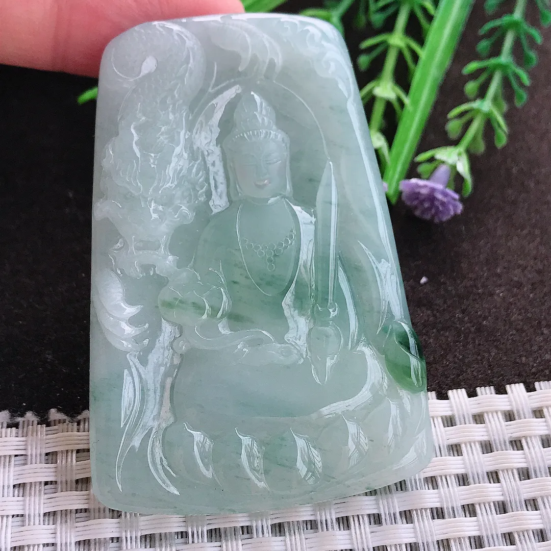 实拍A货翡翠64.5/44.2/5.8老坑冰润起胶飘花虚空藏菩萨吊坠翡翠玉牌挂件