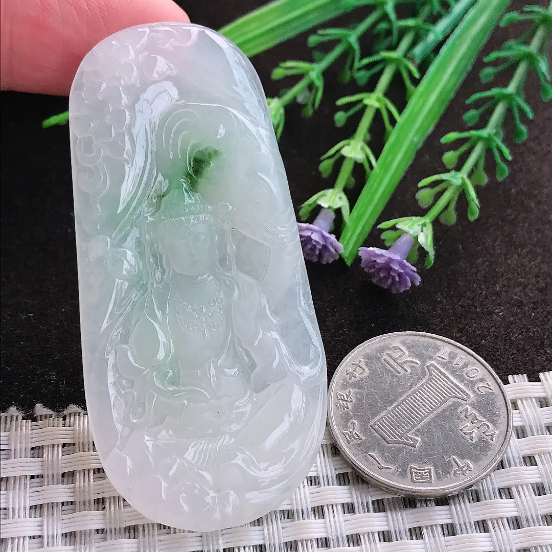 实拍A货翡翠66.6/32.3/5老坑冰胶果冻飘绿普贤菩萨吊坠翡翠玉牌挂件