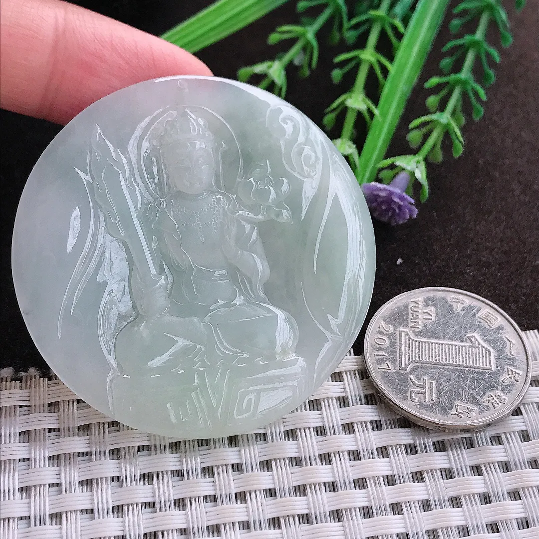 实拍A货翡翠52/5老坑冰胶水灵冰晴虚空藏菩萨吊坠翡翠玉牌挂件