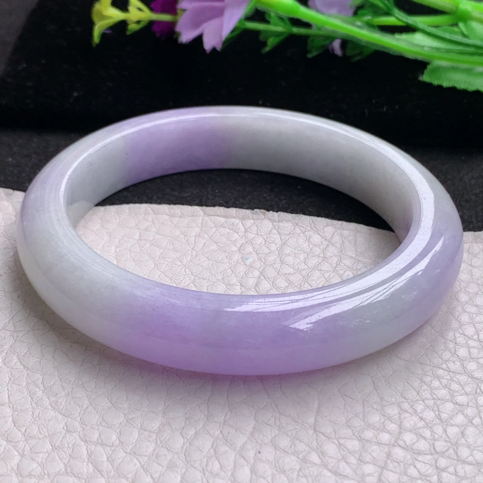 Hf实拍61.5*12.6*9.5缅甸翡翠手镯双彩紫罗兰手镯正圈平安镯宽版镯子