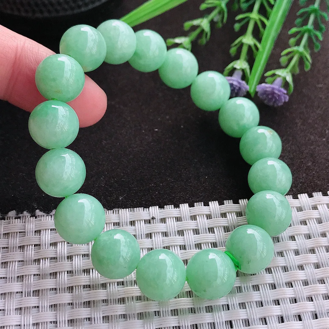 实拍A货翡翠11.8/17颗老坑精美冰润满绿圆珠手链吊坠翡翠玉珠串