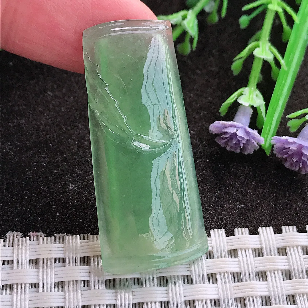 实拍A货翡翠40/17.8/5老坑冰种起胶冰晴满甜绿竹节吊坠翡翠玉牌挂件