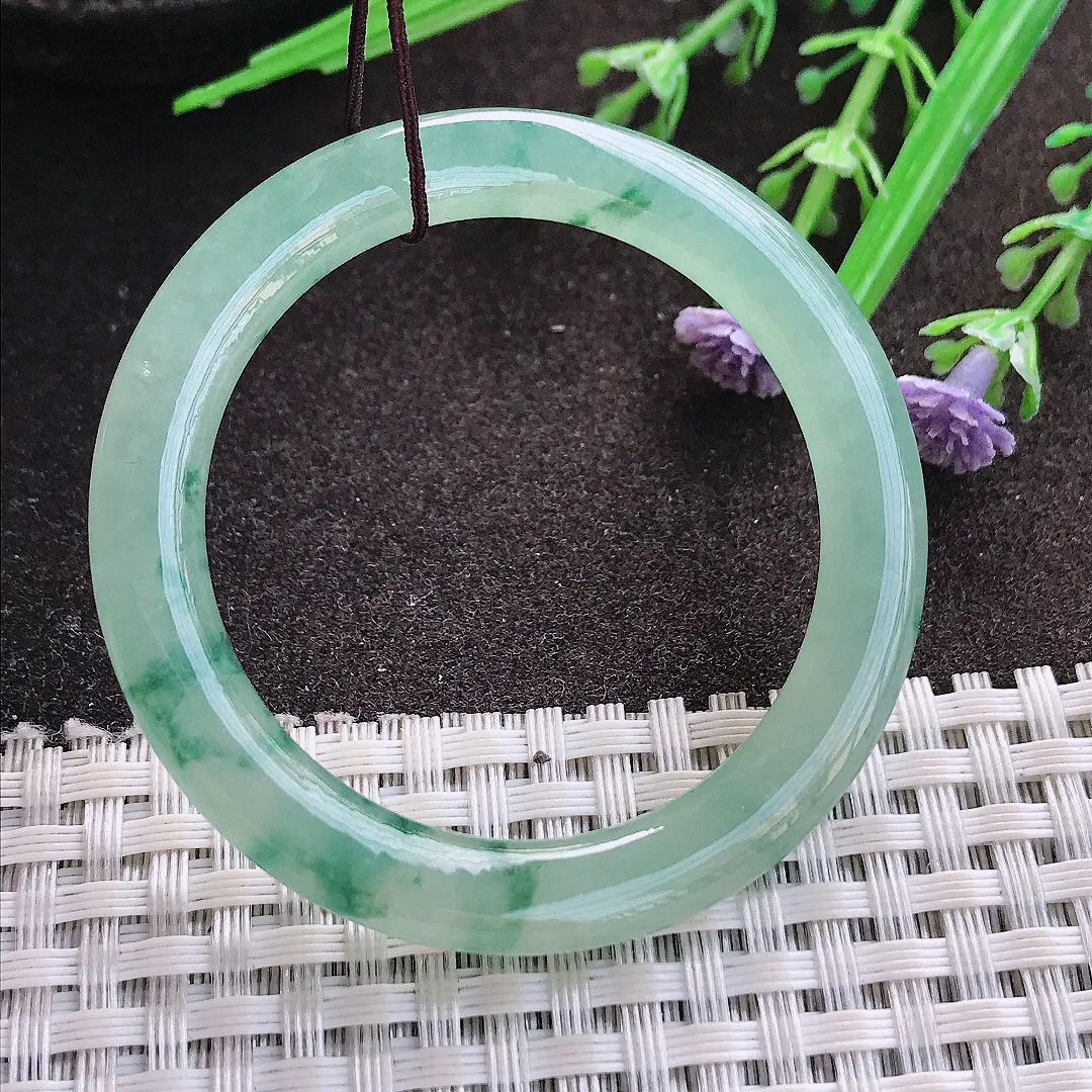 实拍A货翡翠53/5.6/6.9老坑冰胶冰晴飘花翡翠玉环吊坠翡翠玉牌挂件