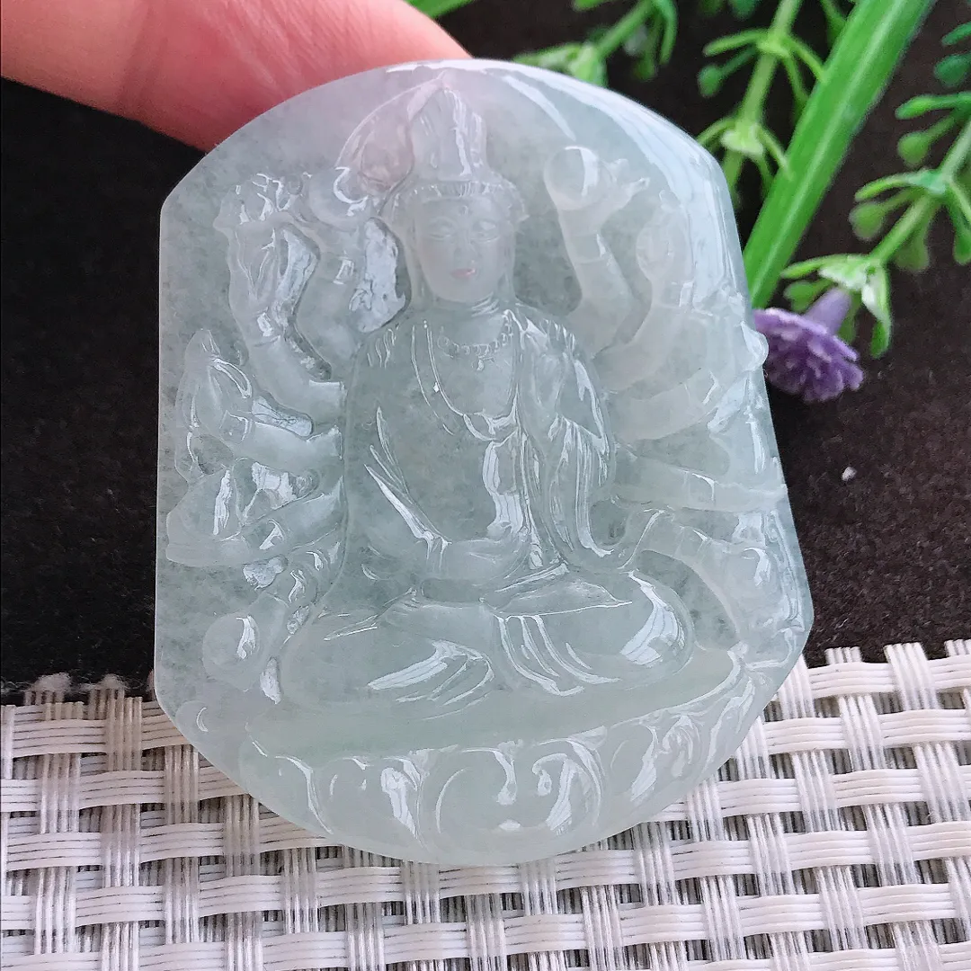 实拍A货翡翠54.7/47/5.6老坑冰胶果冻冰晴千手观音吊坠翡翠玉牌挂件