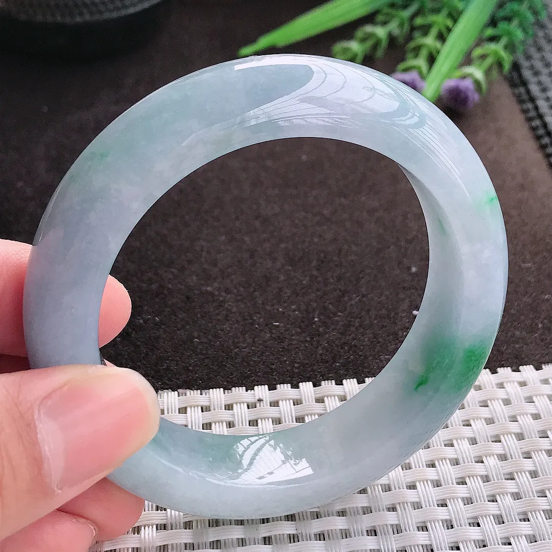 实拍A货翡翠54.5/14.8/9.6老坑冰润水灵春带彩手镯翡翠玉镯子平安镯