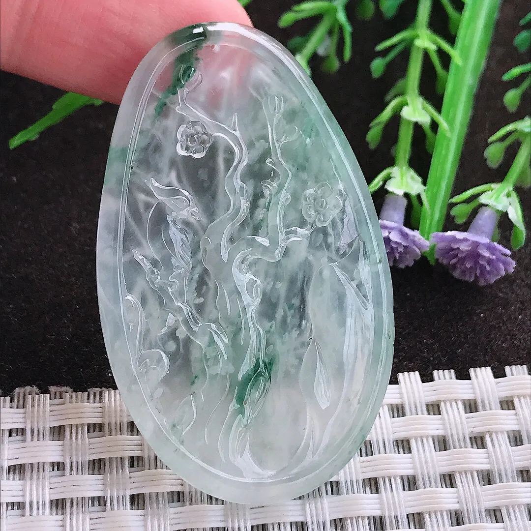 实拍A货翡翠50.5/30.9/4.5老坑玻璃种冰透飘花竹节吊坠翡翠玉牌挂件喜上眉梢