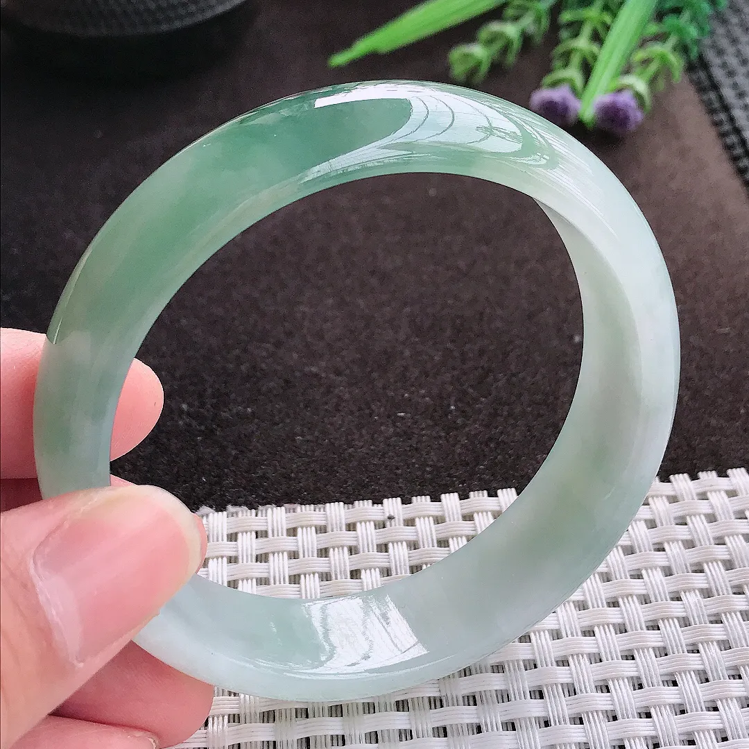 实拍A货翡翠60/16.3/7.6老坑冰胶水灵飘花轮胎手镯翡翠玉镯子平安镯