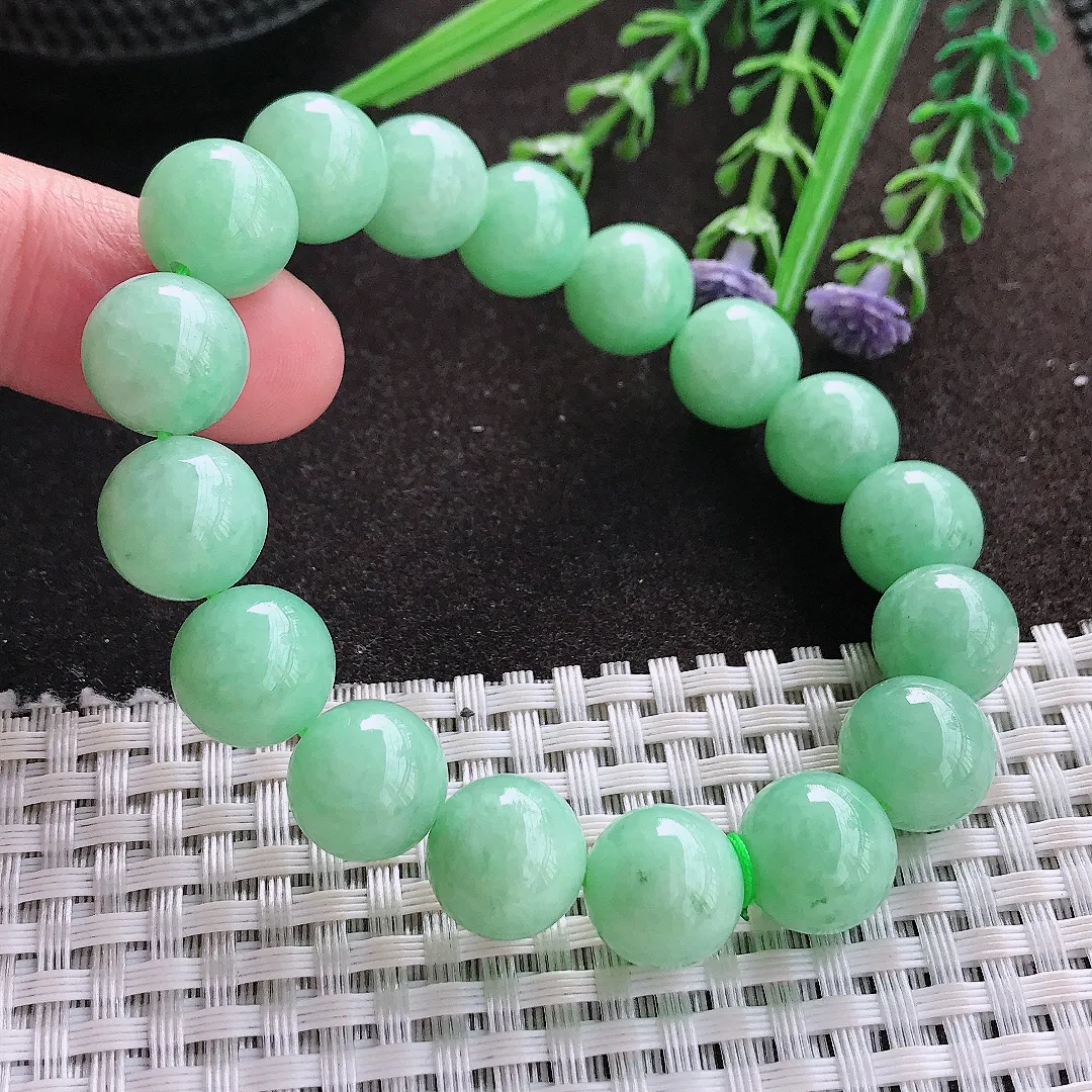 实拍A货翡翠11.8/17颗老坑精美冰润满绿圆珠手链吊坠翡翠玉珠串