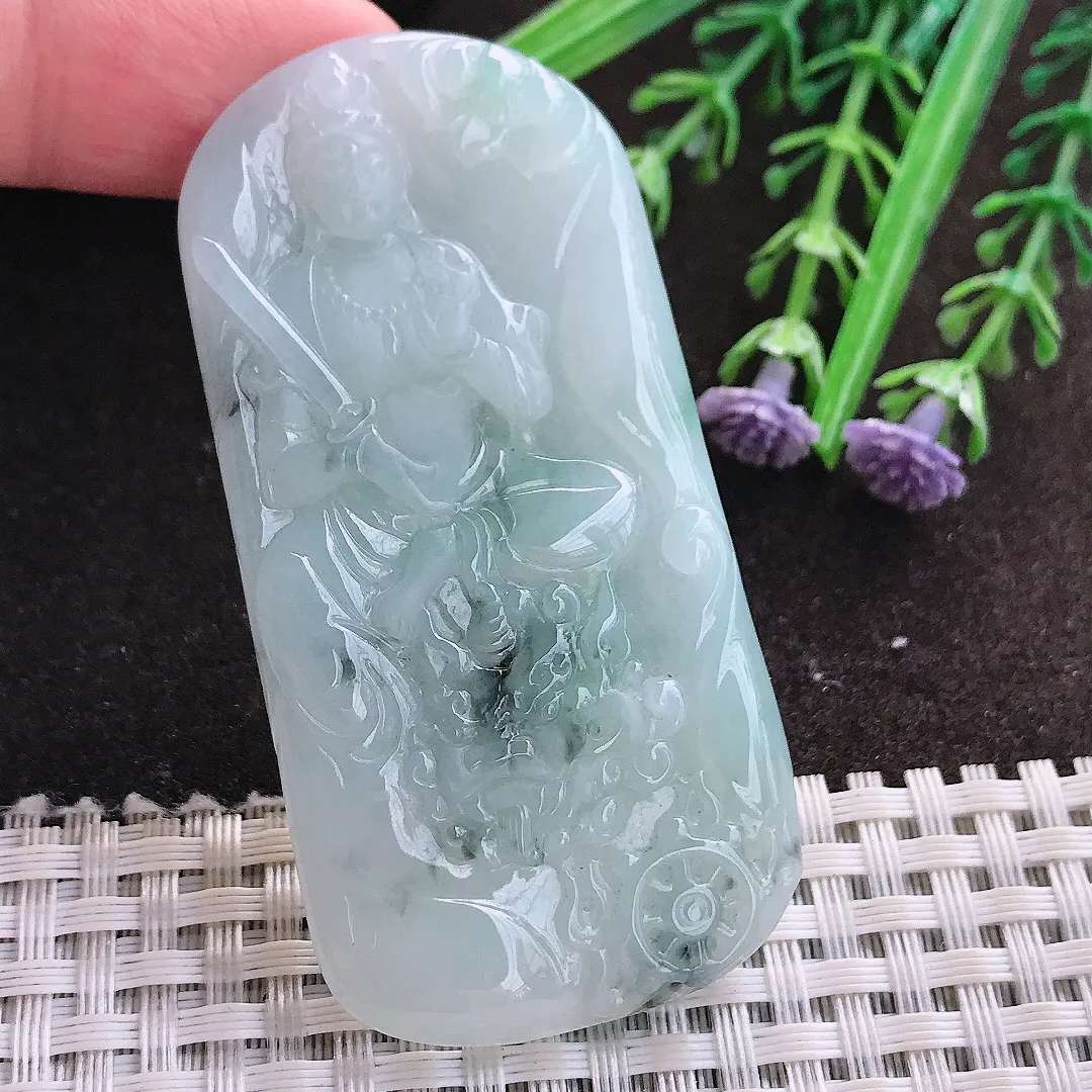 实拍A货翡翠66.5/33.5/5.5老坑冰润起胶飘花文殊菩萨吊坠翡翠玉牌挂件