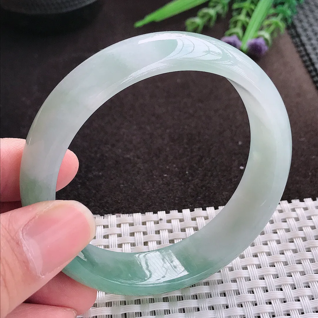 实拍A货翡翠60/16.3/7.6老坑冰胶水灵飘花轮胎手镯翡翠玉镯子平安镯