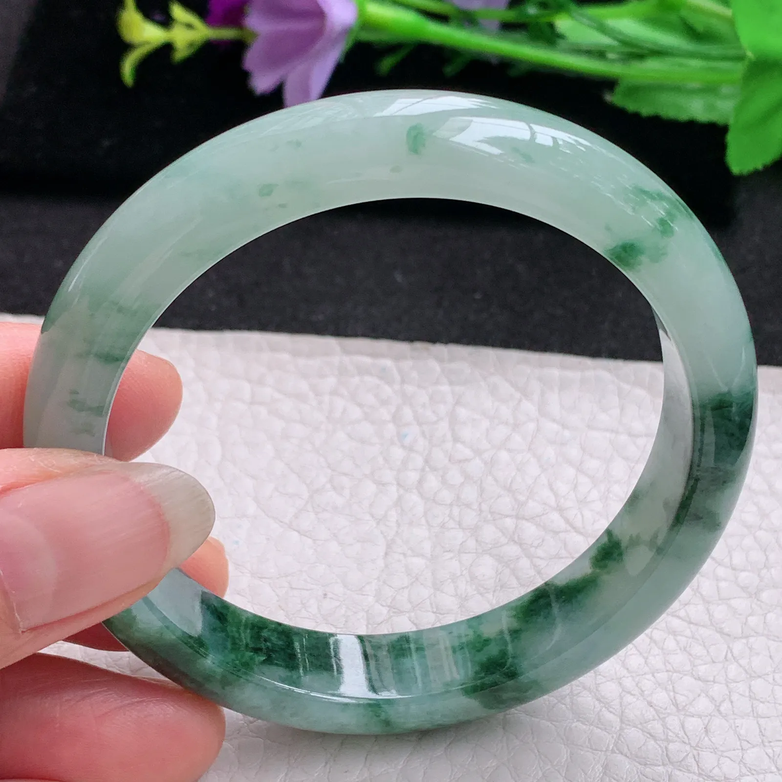 ll实拍56.5*11.4*8缅甸翡翠a货玉手镯冰飘花正圈平安镯宽版玉手环
