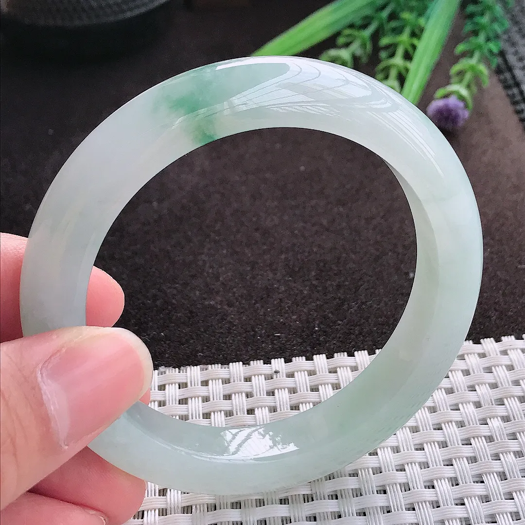 实拍A货翡翠56/11.4/9.3老坑冰胶果冻飘花手镯翡翠玉镯子平安镯