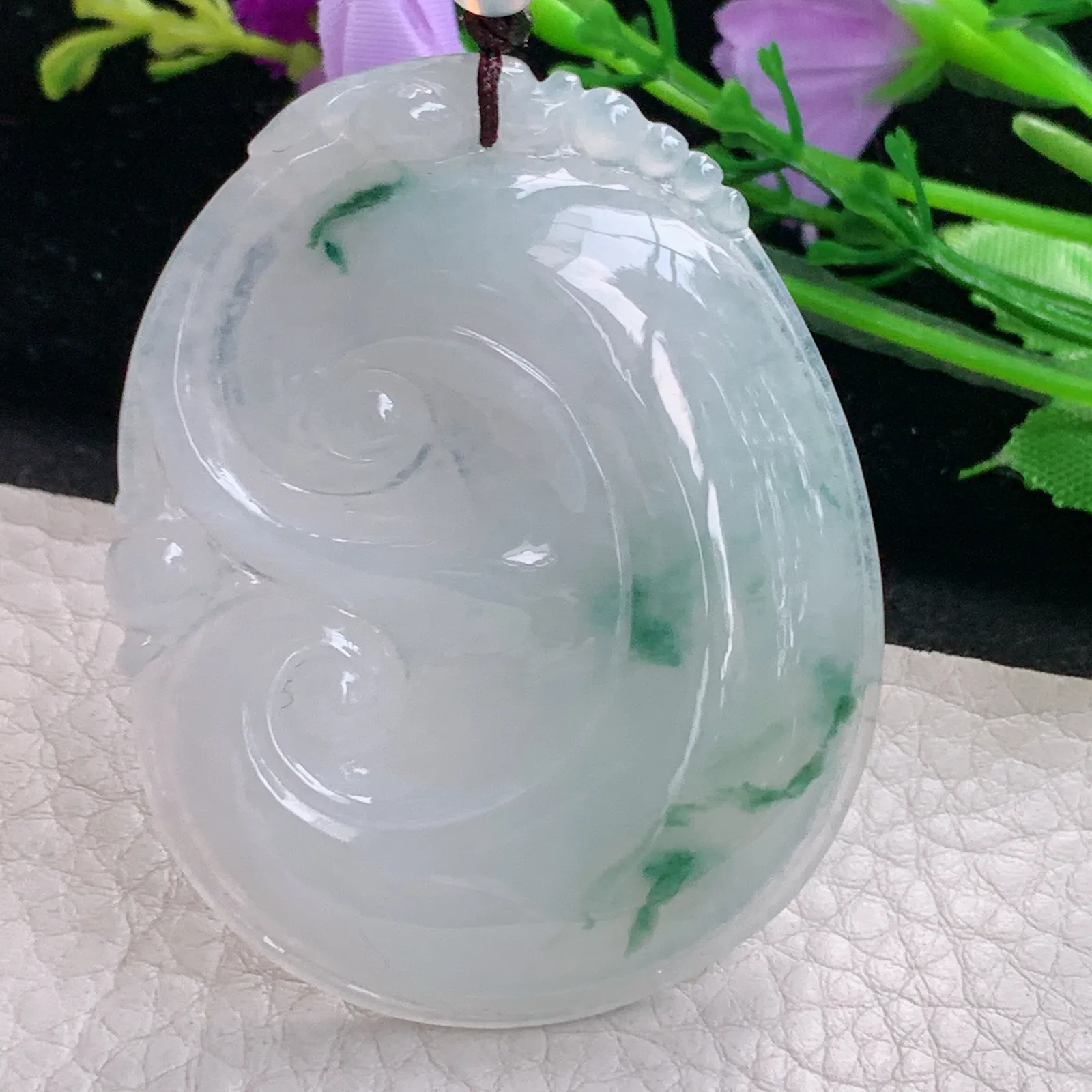 zen自然光56.3*45*6.2天然缅甸翡翠冰飘花大如意 玉如意玉吊坠 毛衣坠