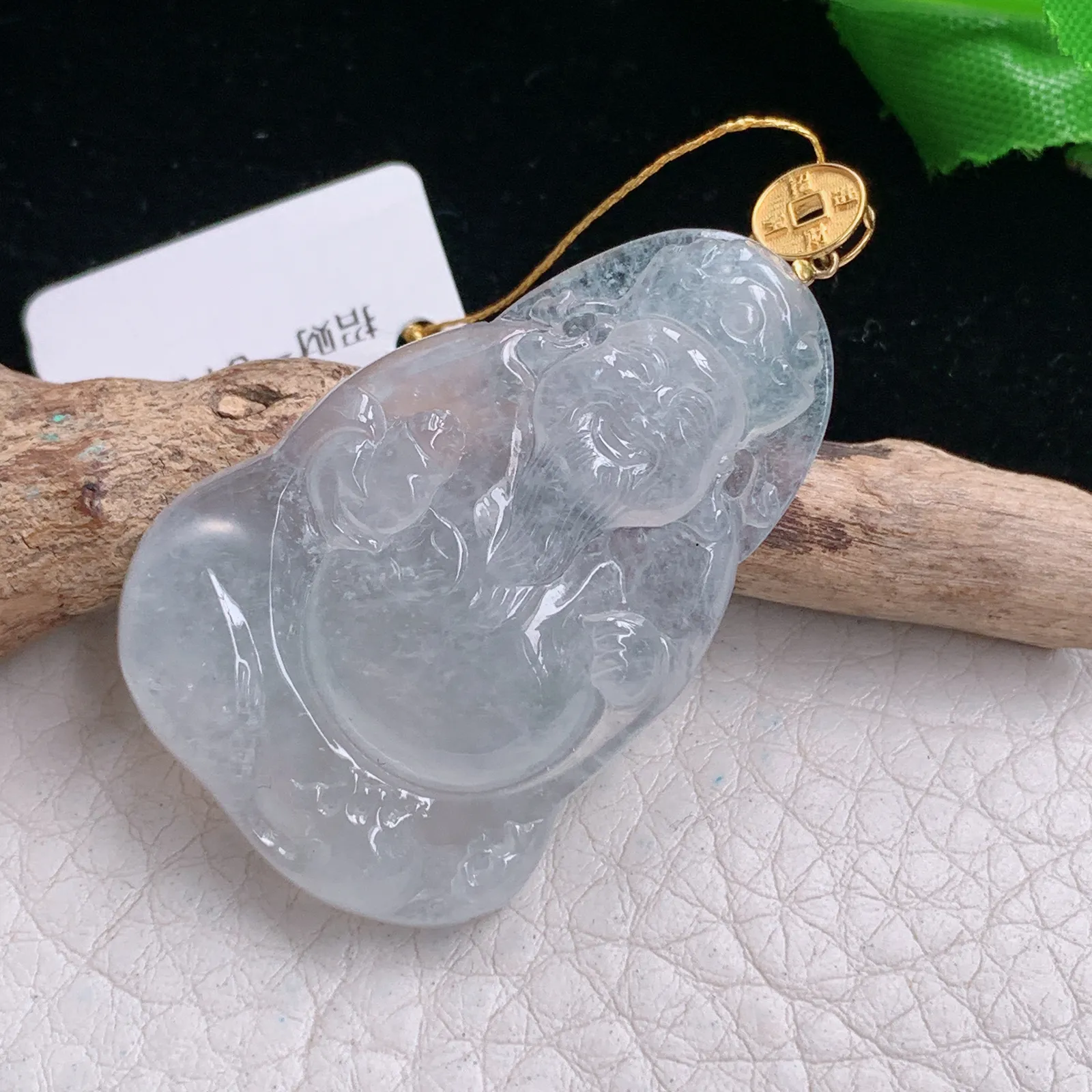 ws实拍40.5*27.3*6缅甸翡翠精雕冰种财神爷 财爷玉吊坠 玉挂件