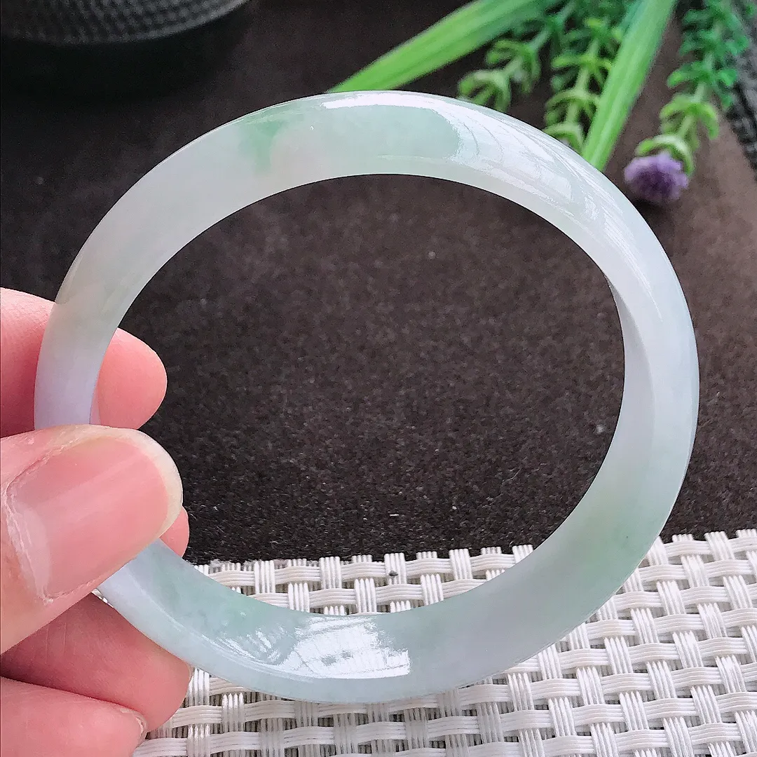 实拍A货翡翠58/14/6.6老坑冰润起胶飘花手镯翡翠玉镯子平安镯