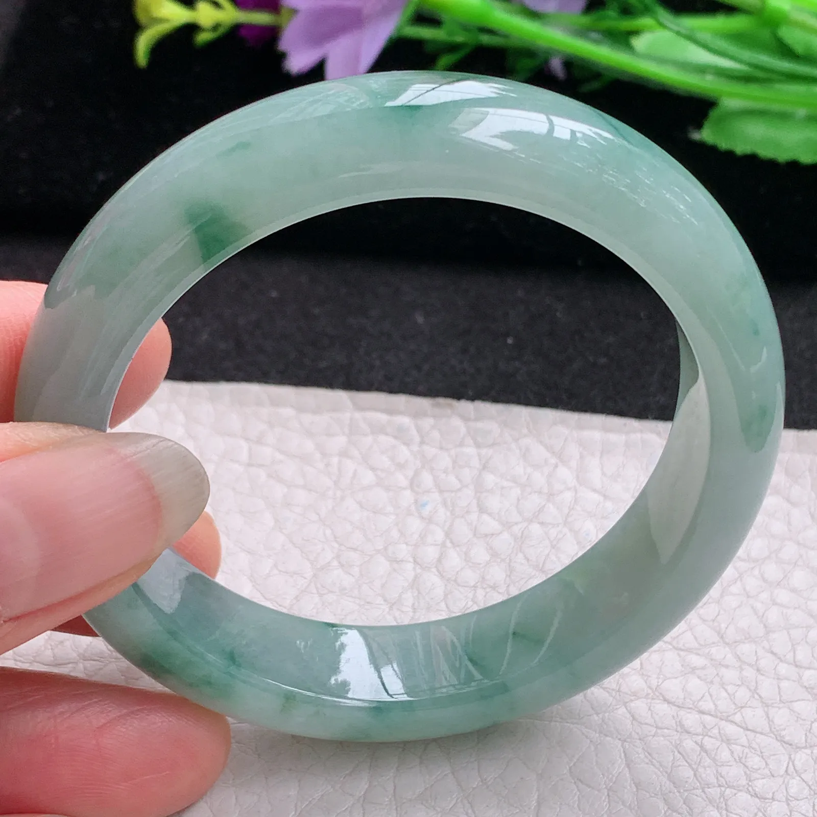 Hf实拍53*13.2*8.3缅甸翡翠手镯冰飘花手镯正圈平安镯宽版镯子