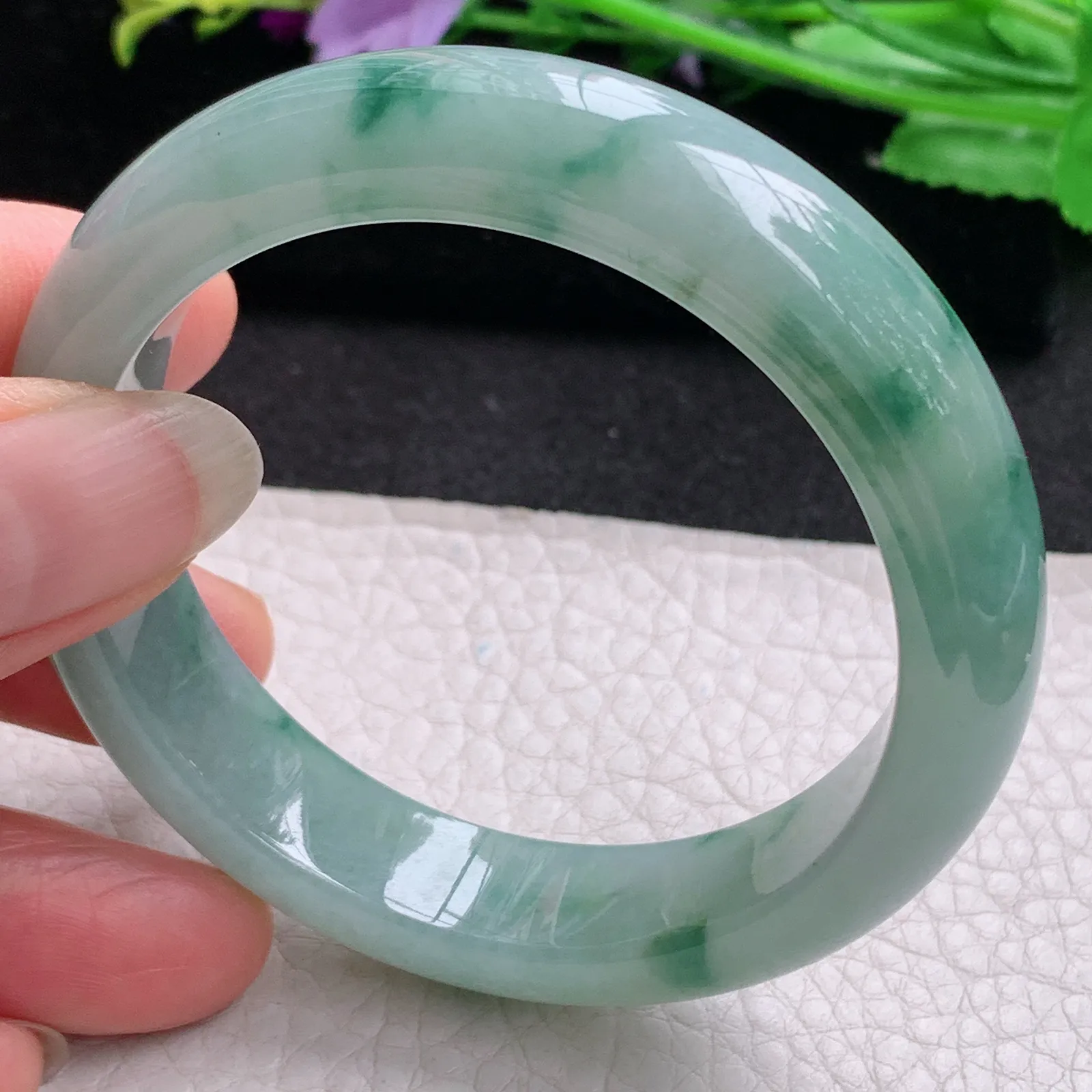 Hf实拍53*13.2*8.3缅甸翡翠手镯冰飘花手镯正圈平安镯宽版镯子