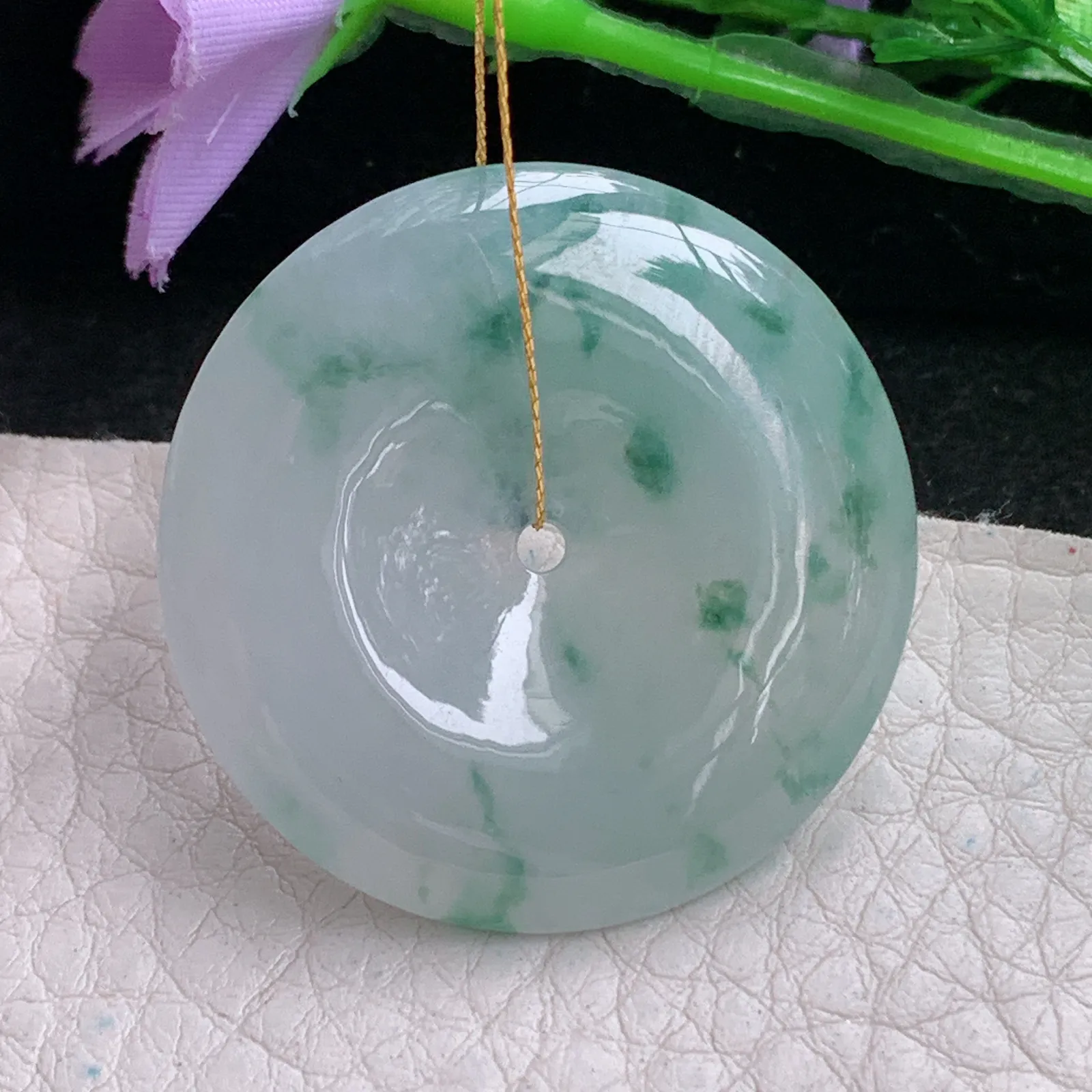 ws实拍35*5.8缅甸翡翠精雕冰飘花大平安扣 玉扣玉吊坠 玉挂件