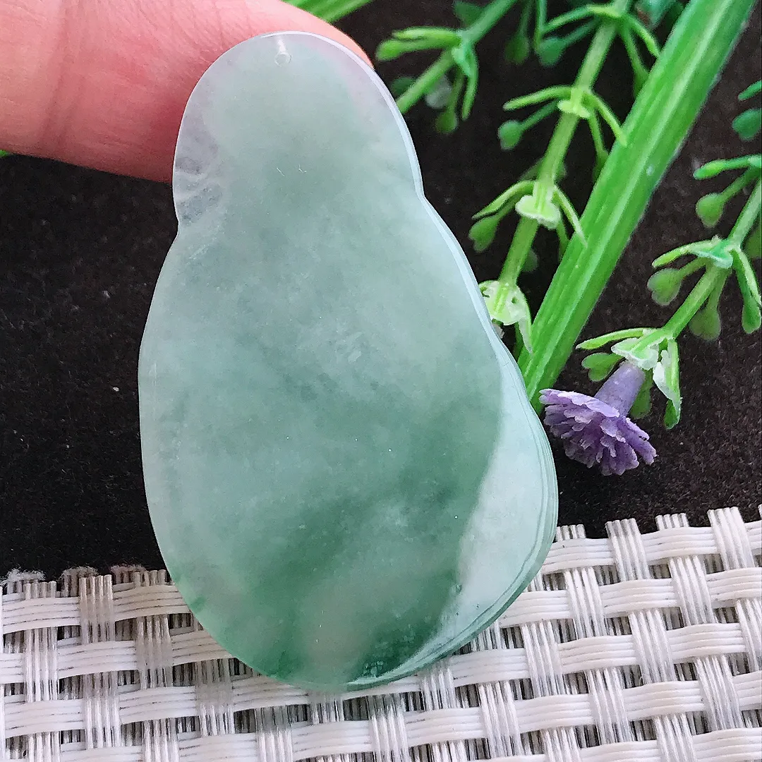 实拍A货翡翠48.7/30/6老坑冰润起胶飘花财神爷吊坠翡翠玉牌挂件